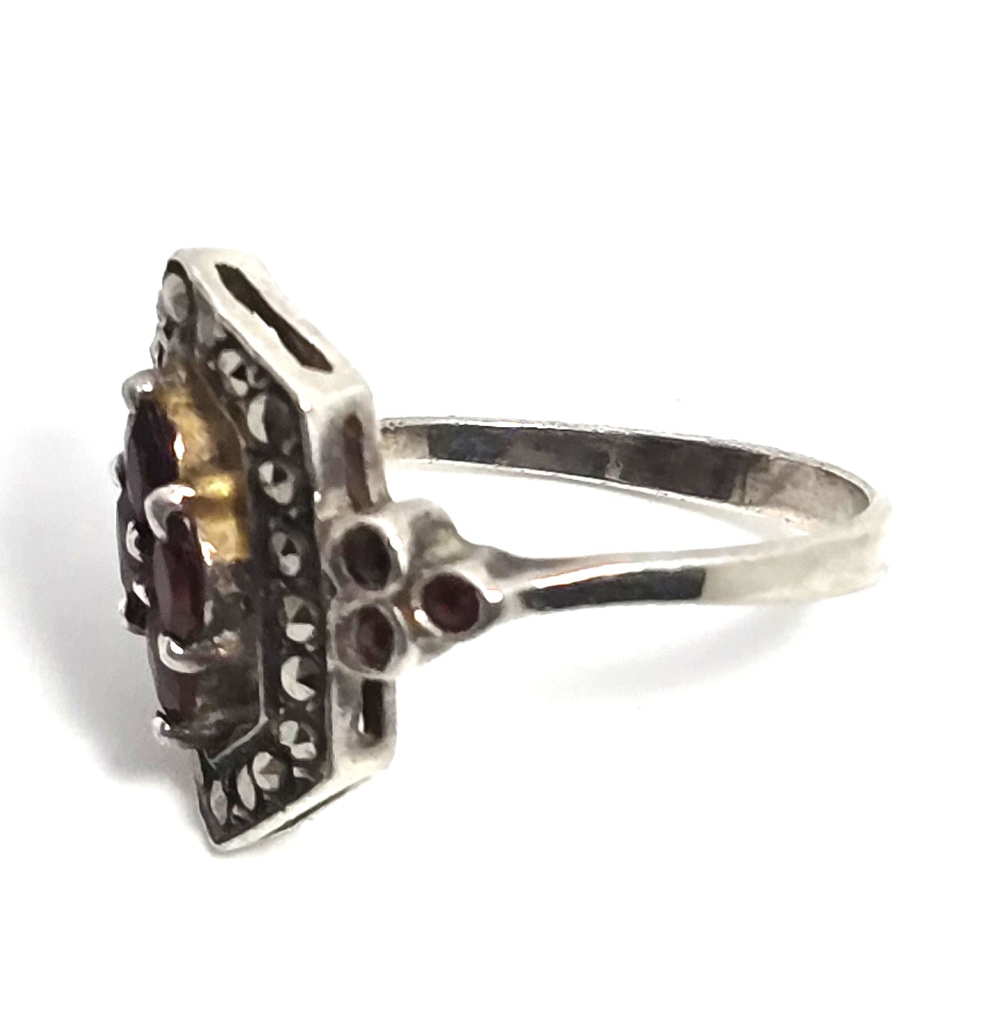 Red Garnet and Marcasite Art Deco style sterling silver framed ring size 5.5