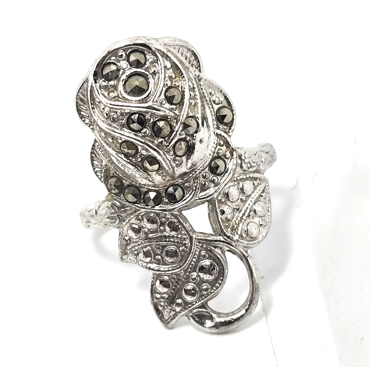 Uncas Art Deco marcasite rose flower vintage sterling silver ring size 5.5