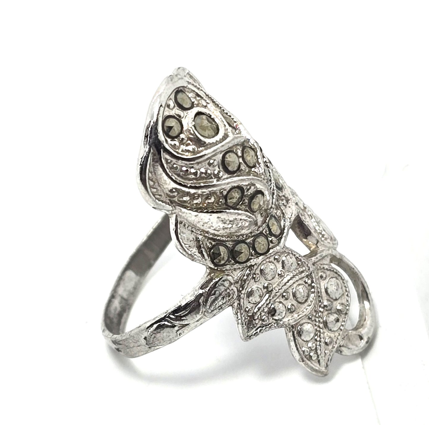 Uncas Art Deco marcasite rose flower vintage sterling silver ring size 5.5
