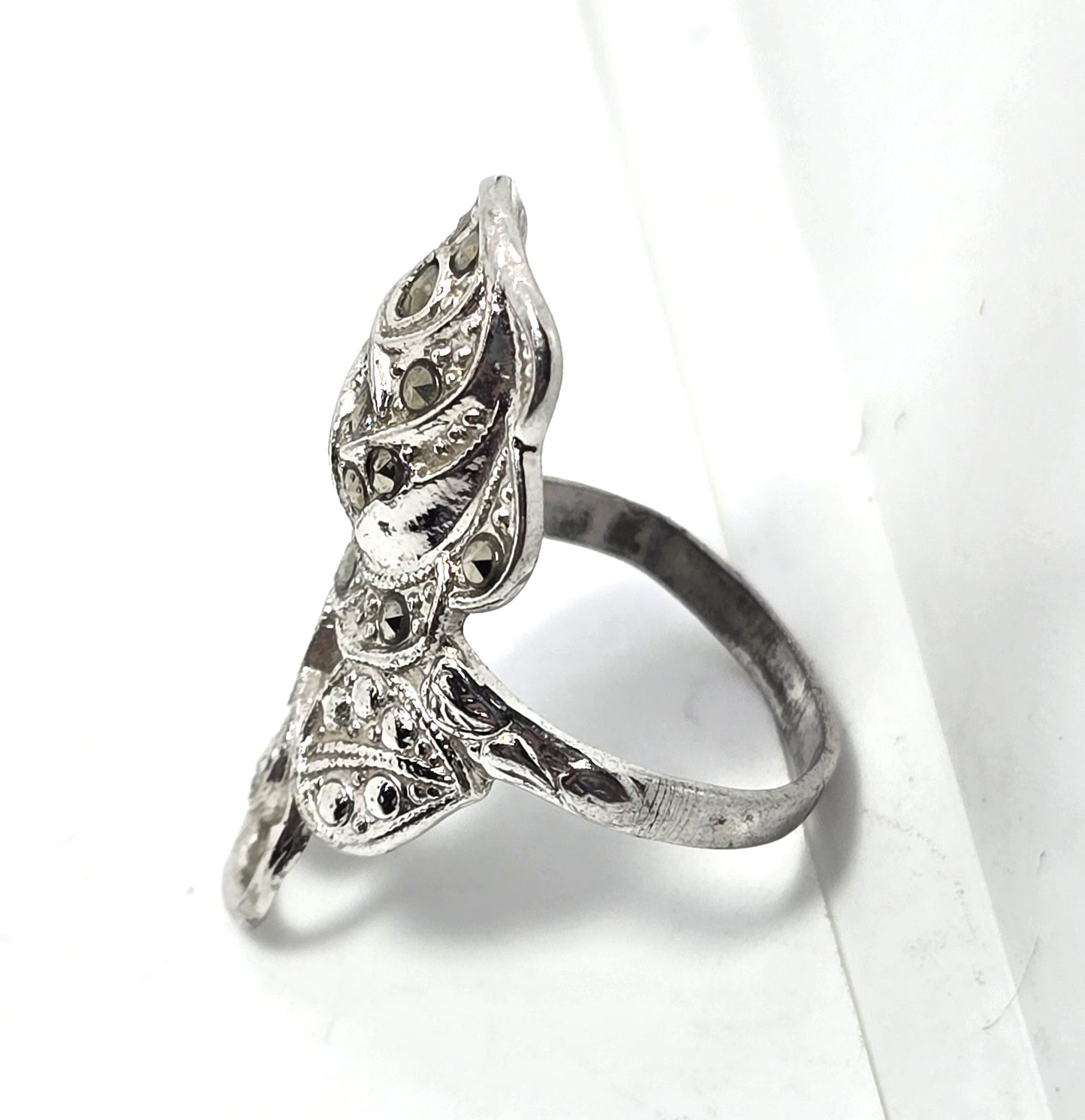 Uncas Art Deco marcasite rose flower vintage sterling silver ring size 5.5