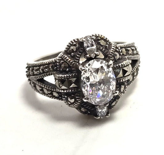 Judith Jack Marcasite CZ sterling silver signed Art Deco style vintage ring size 6