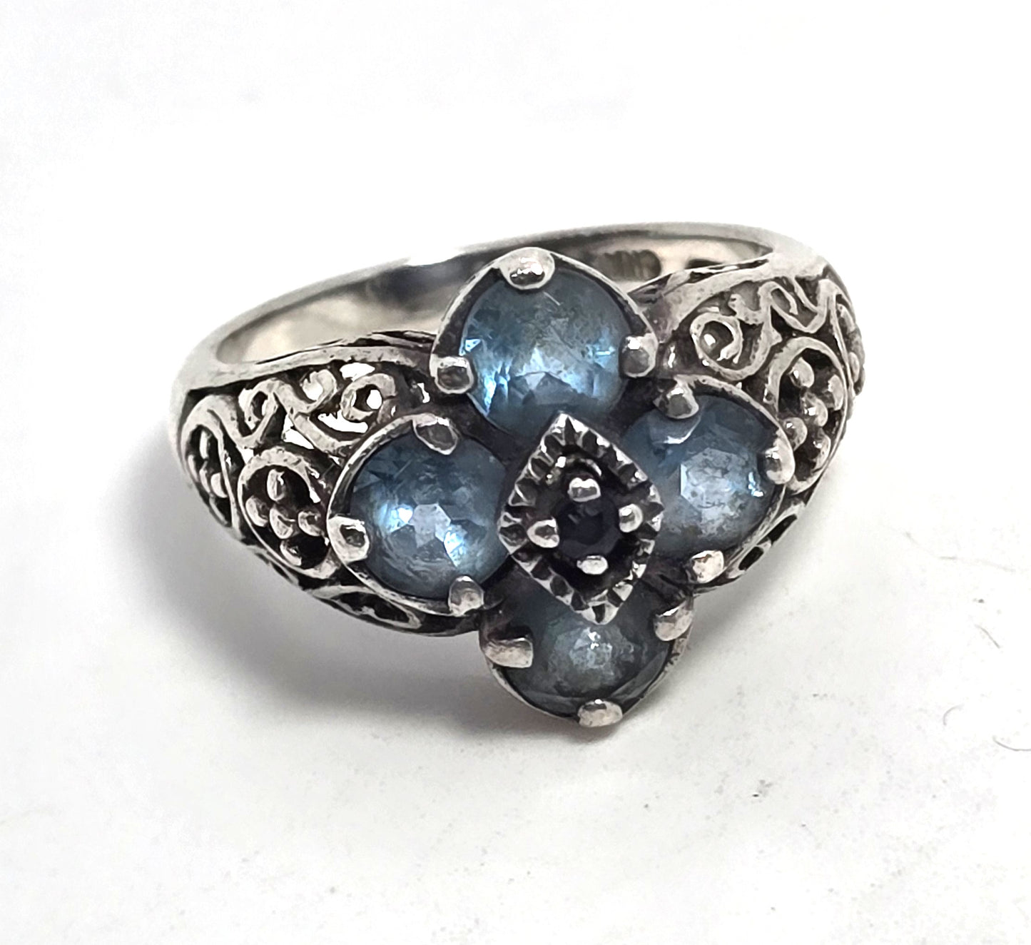 Blue Topaz Sapphire Balinese tribal filigree sterling silver ring size 7
