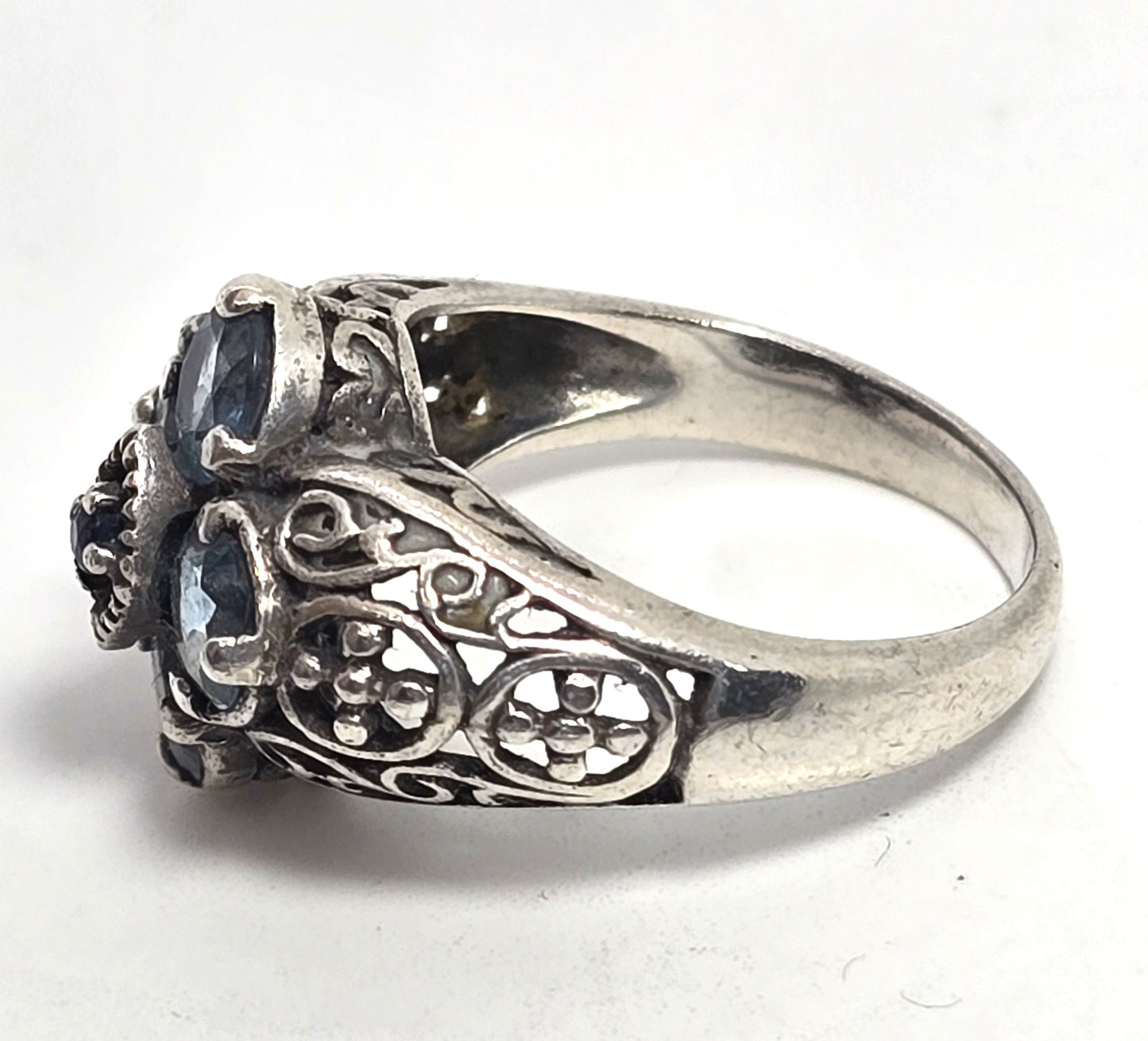 Blue Topaz Sapphire Balinese tribal filigree sterling silver ring size 7