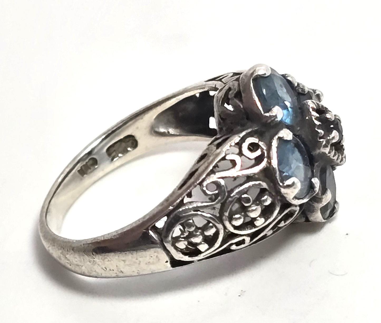 Blue Topaz Sapphire Balinese tribal filigree sterling silver ring size 7