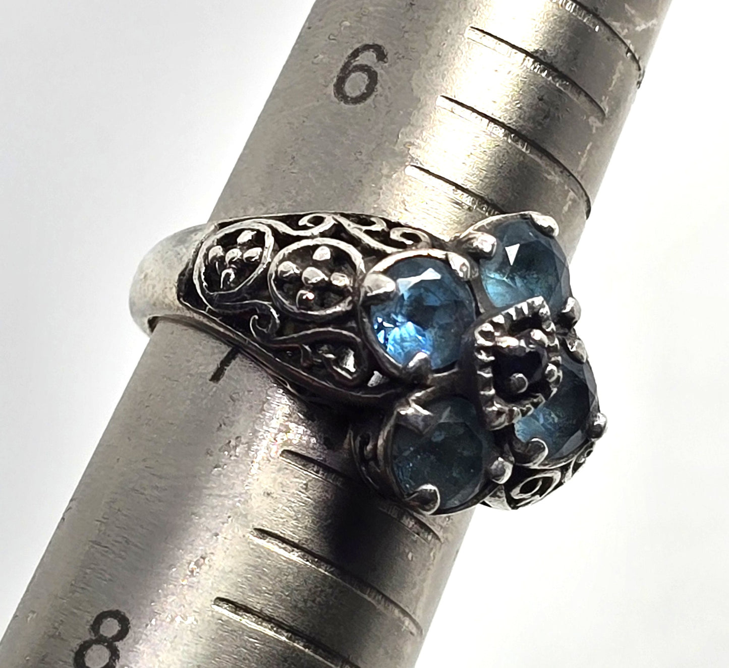 Blue Topaz Sapphire Balinese tribal filigree sterling silver ring size 7