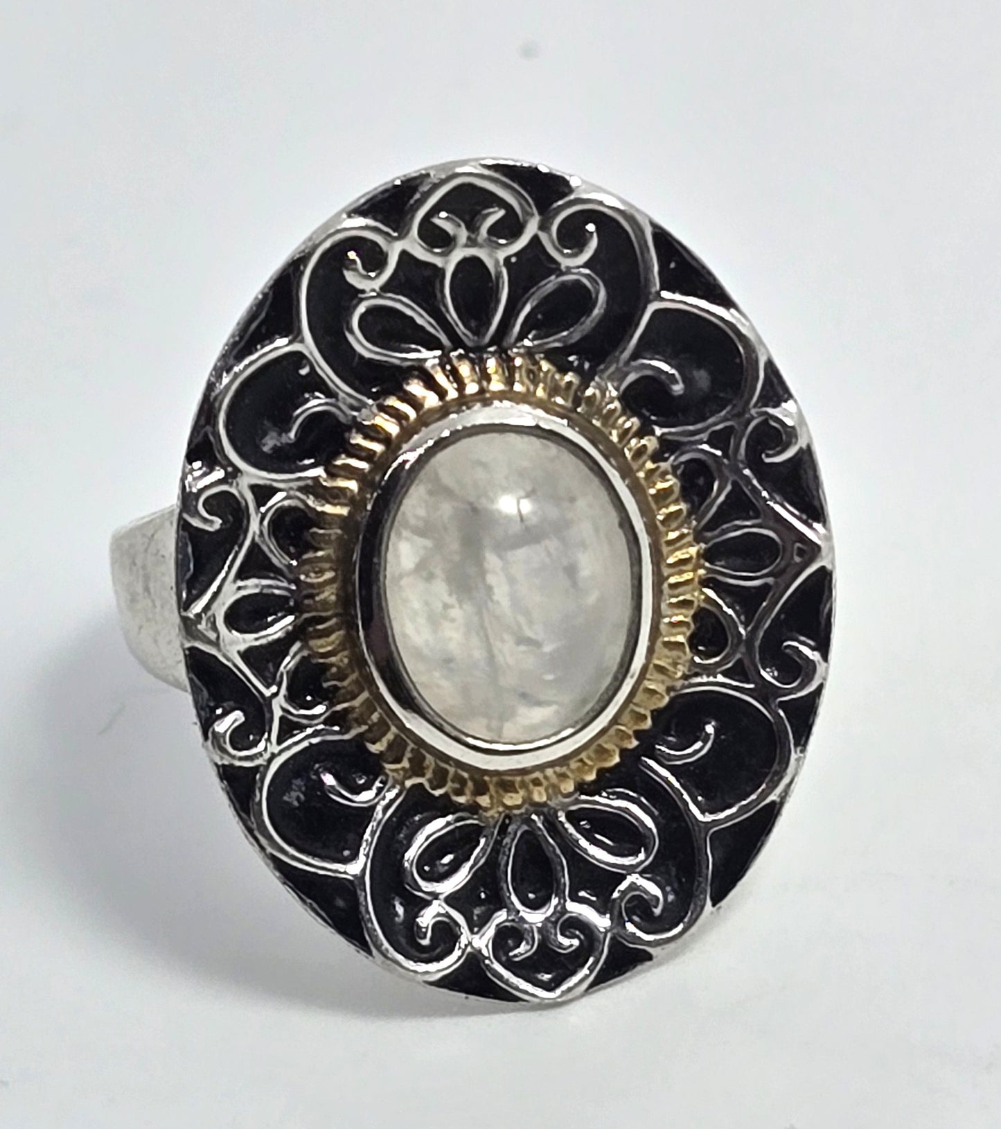 BGJ Flashy Blue Moonstone tribal Bali Balinese vintage sterling silver ring size 9.5