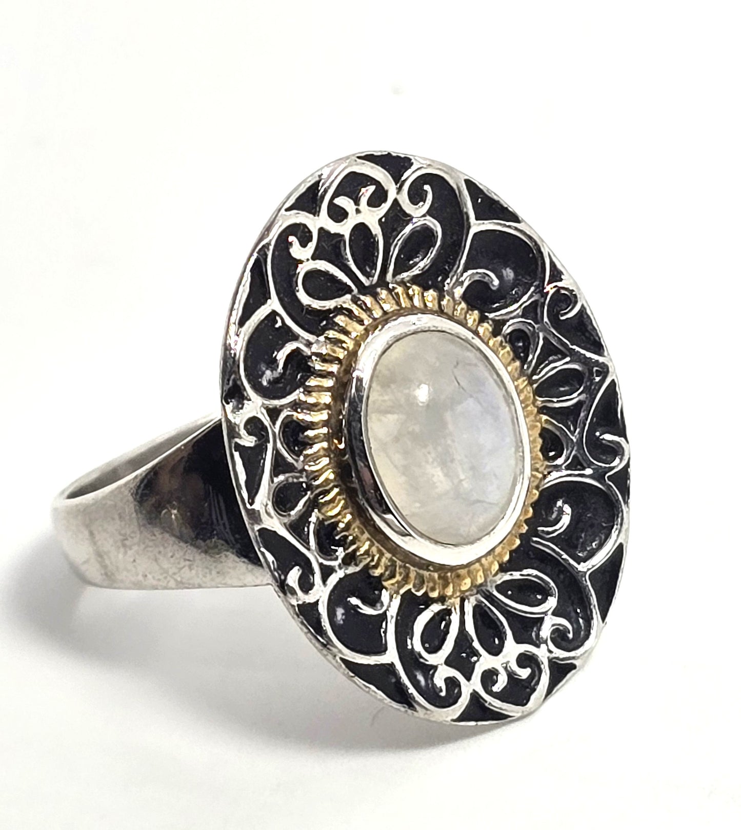 BGJ Flashy Blue Moonstone tribal Bali Balinese vintage sterling silver ring size 9.5
