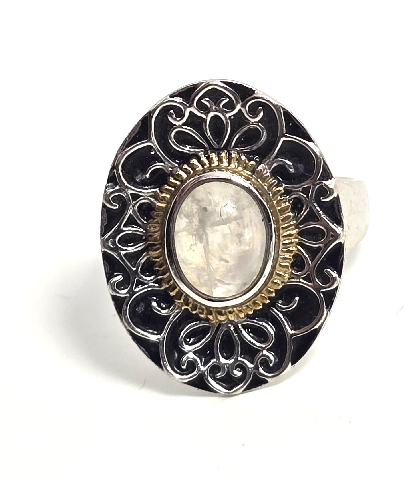 BGJ Flashy Blue Moonstone tribal Bali Balinese vintage sterling silver ring size 9.5