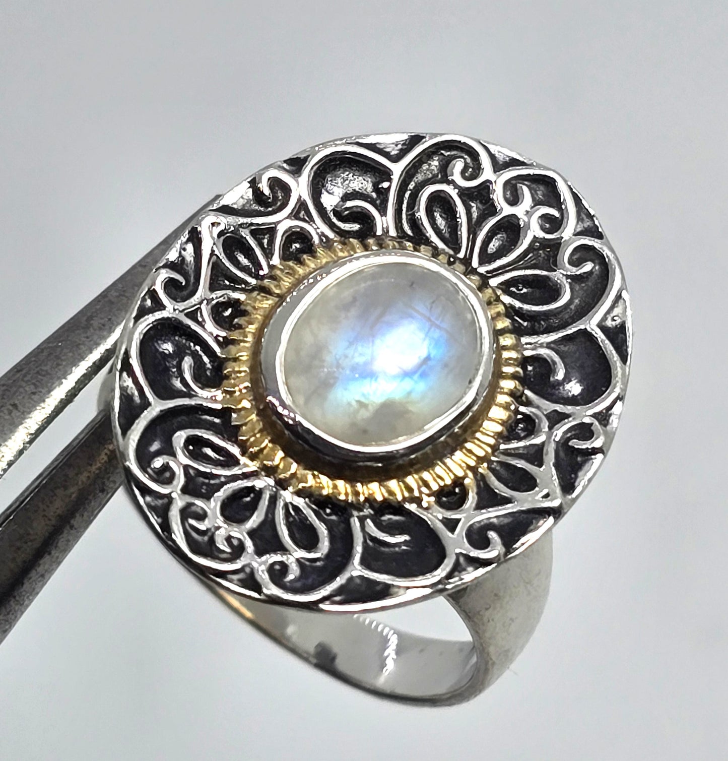 BGJ Flashy Blue Moonstone tribal Bali Balinese vintage sterling silver ring size 9.5