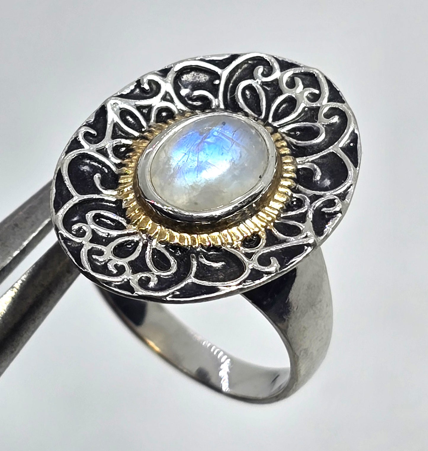 BGJ Flashy Blue Moonstone tribal Bali Balinese vintage sterling silver ring size 9.5
