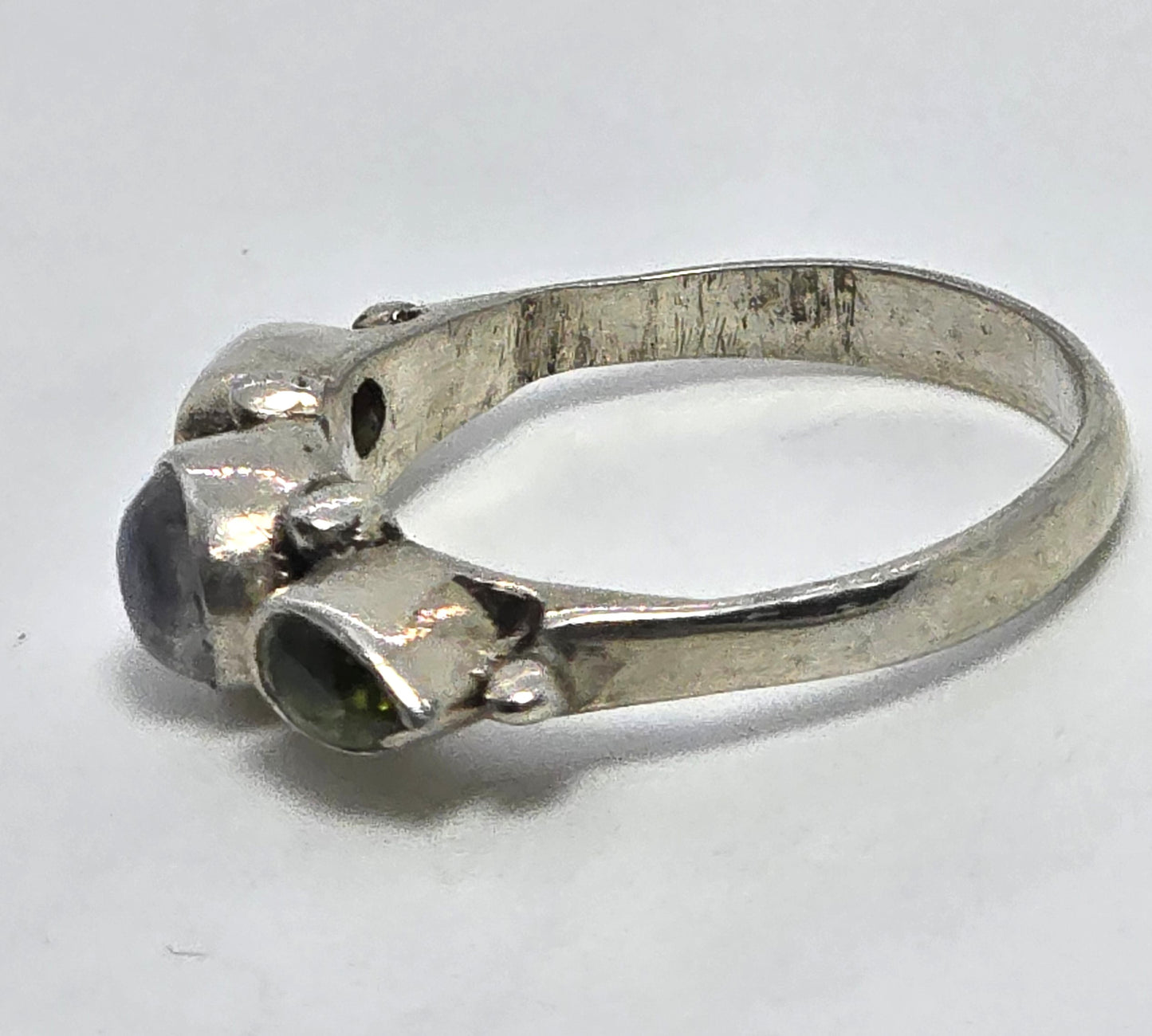 Flashy Blue Moonstone peridot tribal Bali stacker sterling silver ring size 6