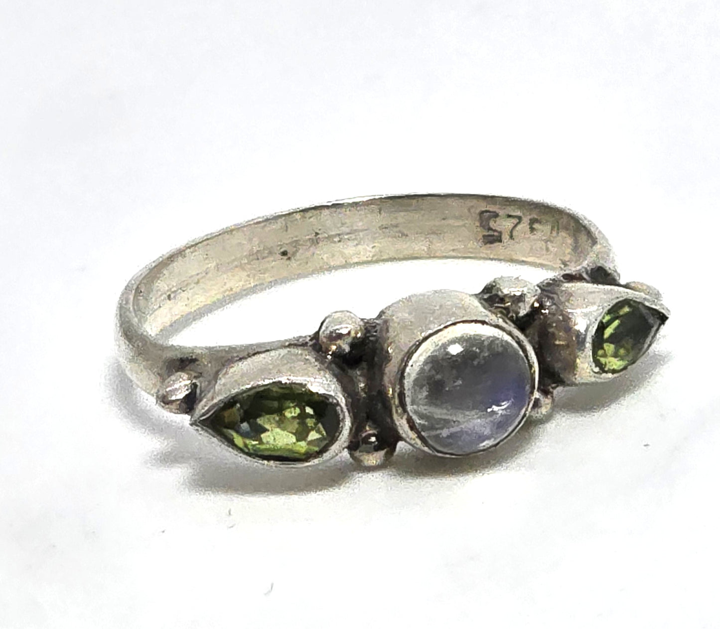 Flashy Blue Moonstone peridot tribal Bali stacker sterling silver ring size 7