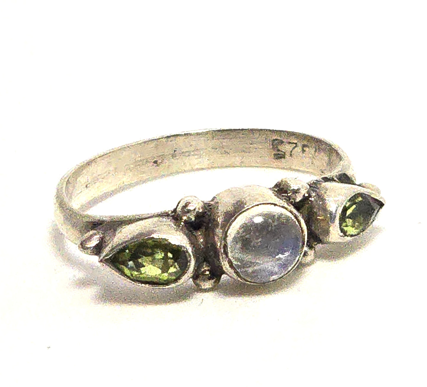 Flashy Blue Moonstone peridot tribal Bali stacker sterling silver ring size 7