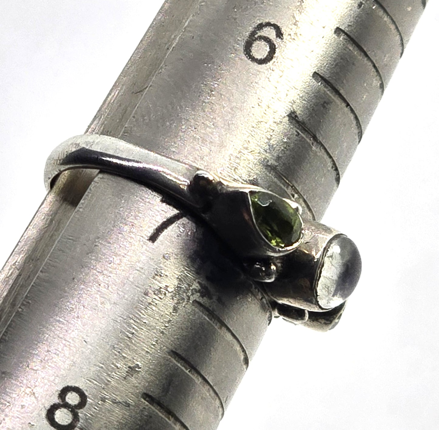 Flashy Blue Moonstone peridot tribal Bali stacker sterling silver ring size 7