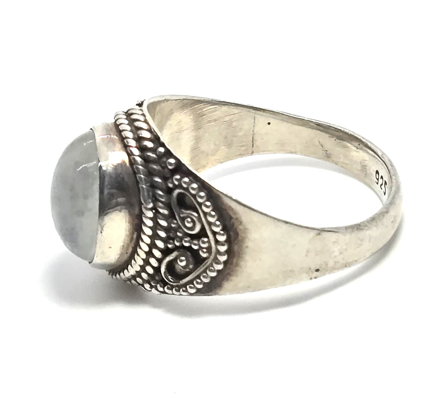 Flashy Blue Moonstone tribal Bali Balinese vintage sterling silver ring size 9