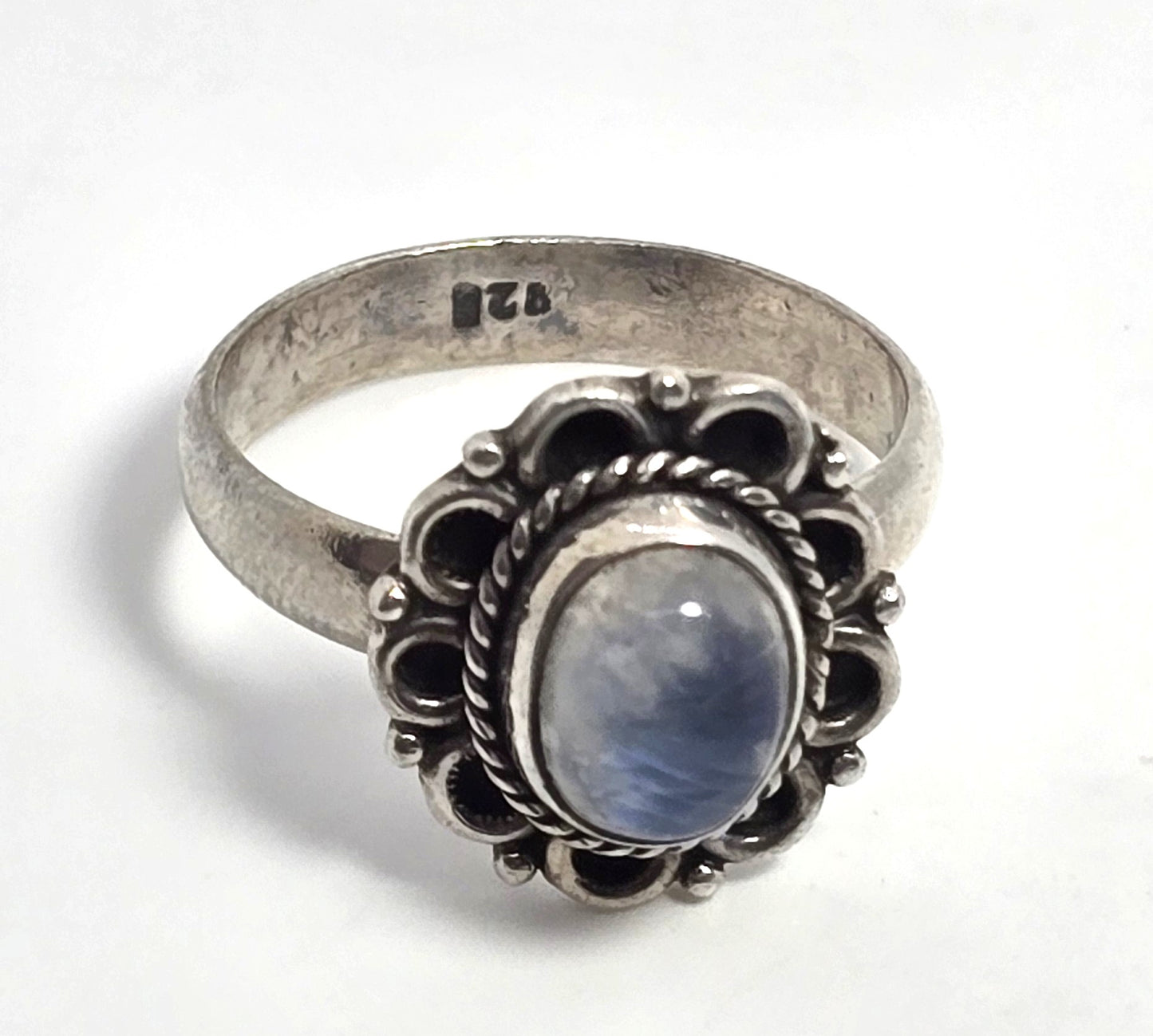 Flashy Blue Moonstone tribal Bali Balinese vintage sterling silver ring size 8.5