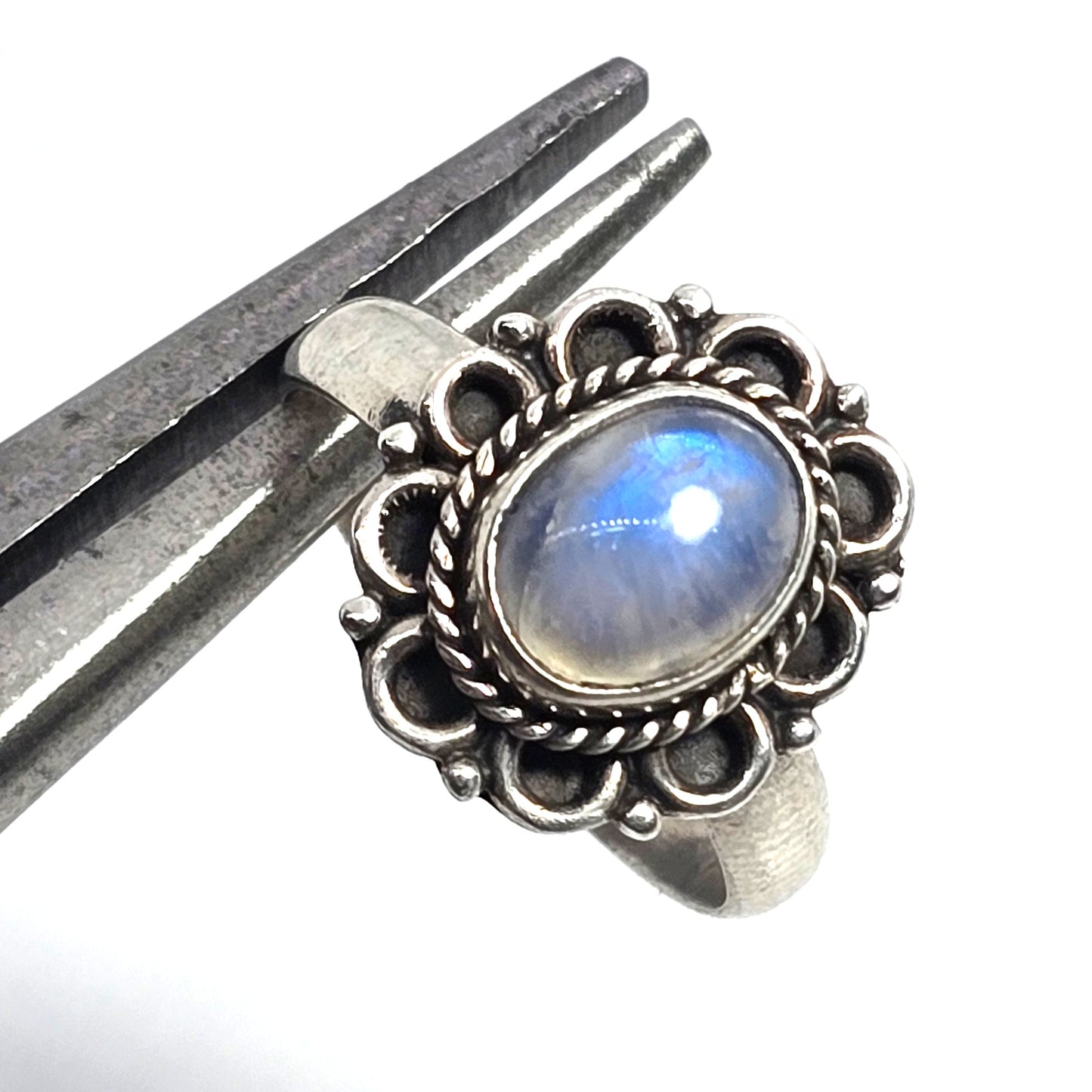 Flashy Blue Moonstone tribal Bali Balinese vintage sterling silver ring size 8.5