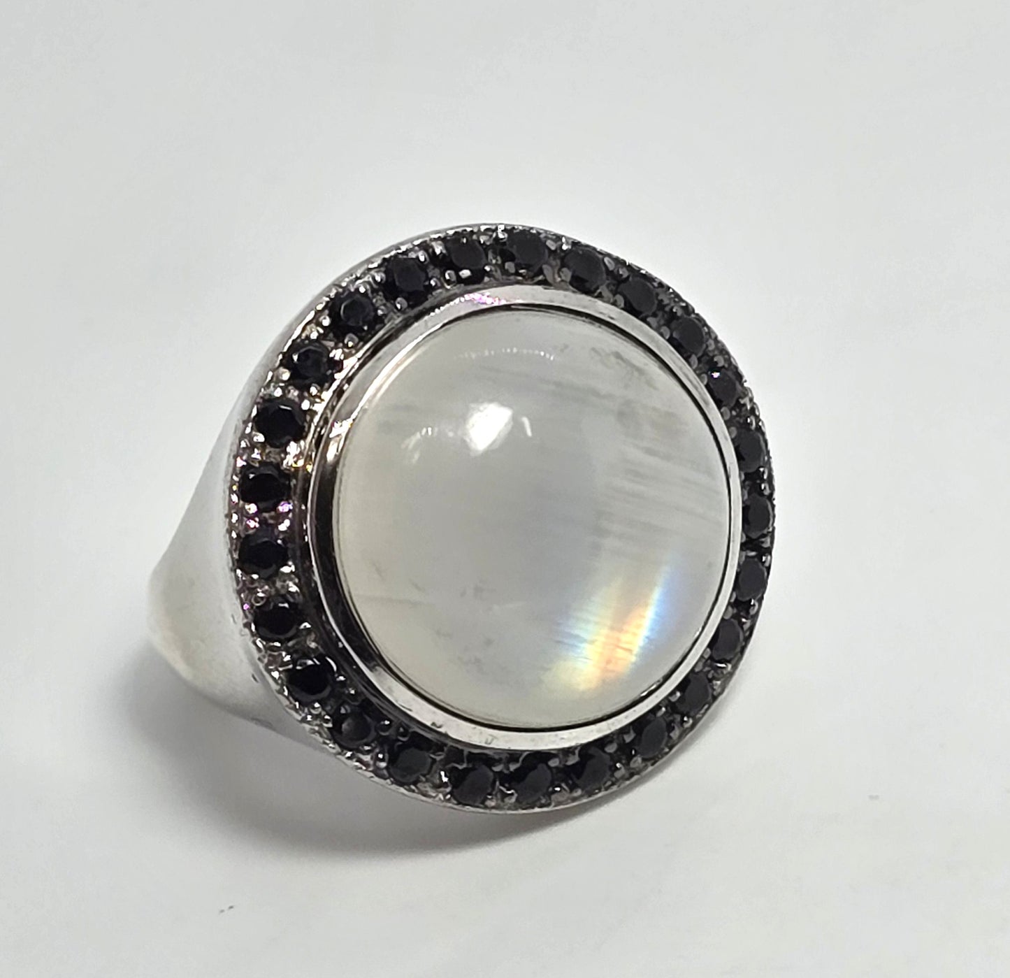 Rainbow flash moonstone black spinel large sterling silver ring size 7