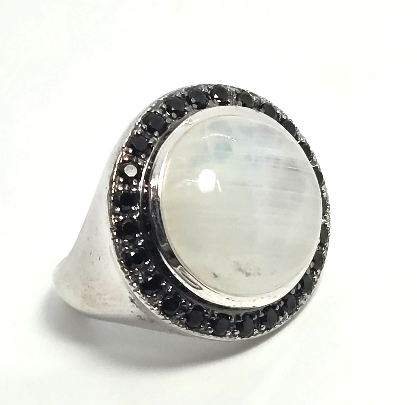 Rainbow flash moonstone black spinel large sterling silver ring size 7
