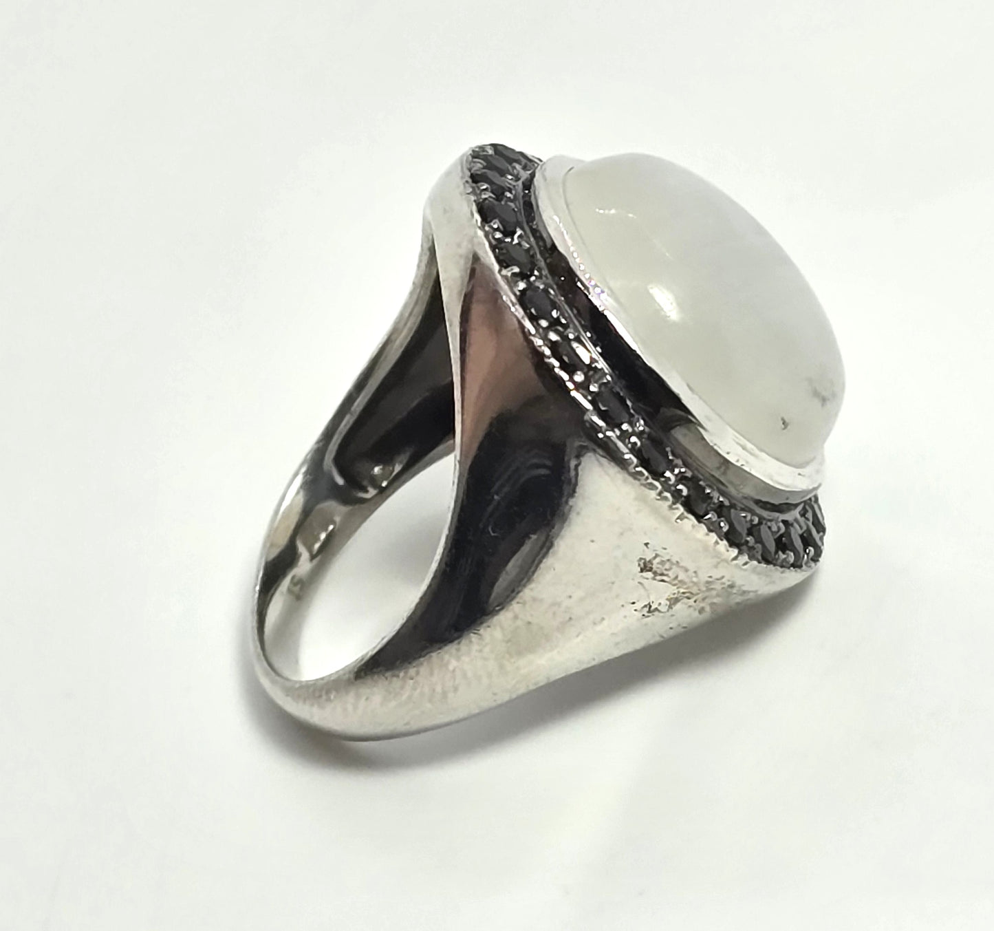 Rainbow flash moonstone black spinel large sterling silver ring size 7