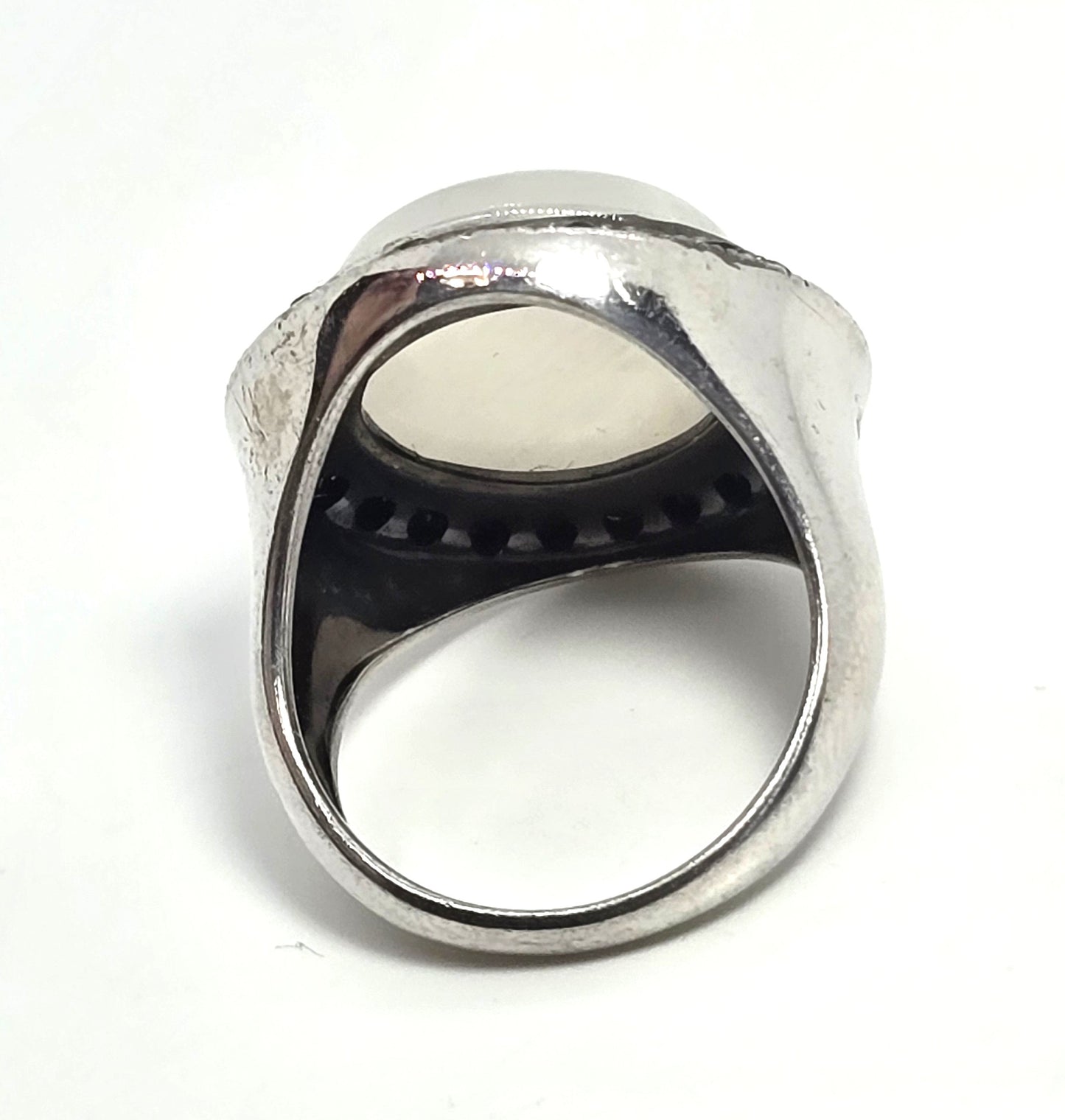 Rainbow flash moonstone black spinel large sterling silver ring size 7