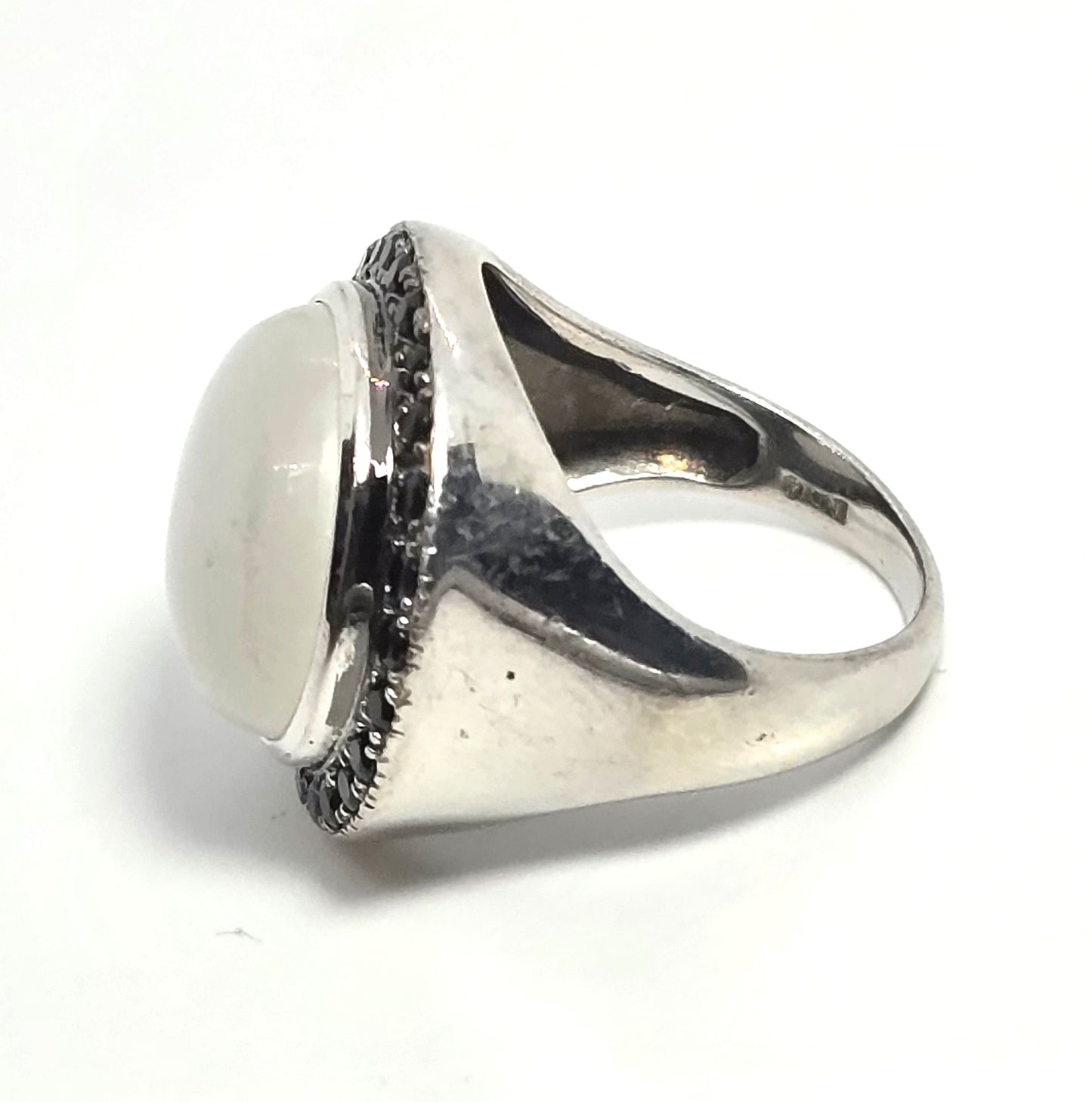 Rainbow flash moonstone black spinel large sterling silver ring size 7