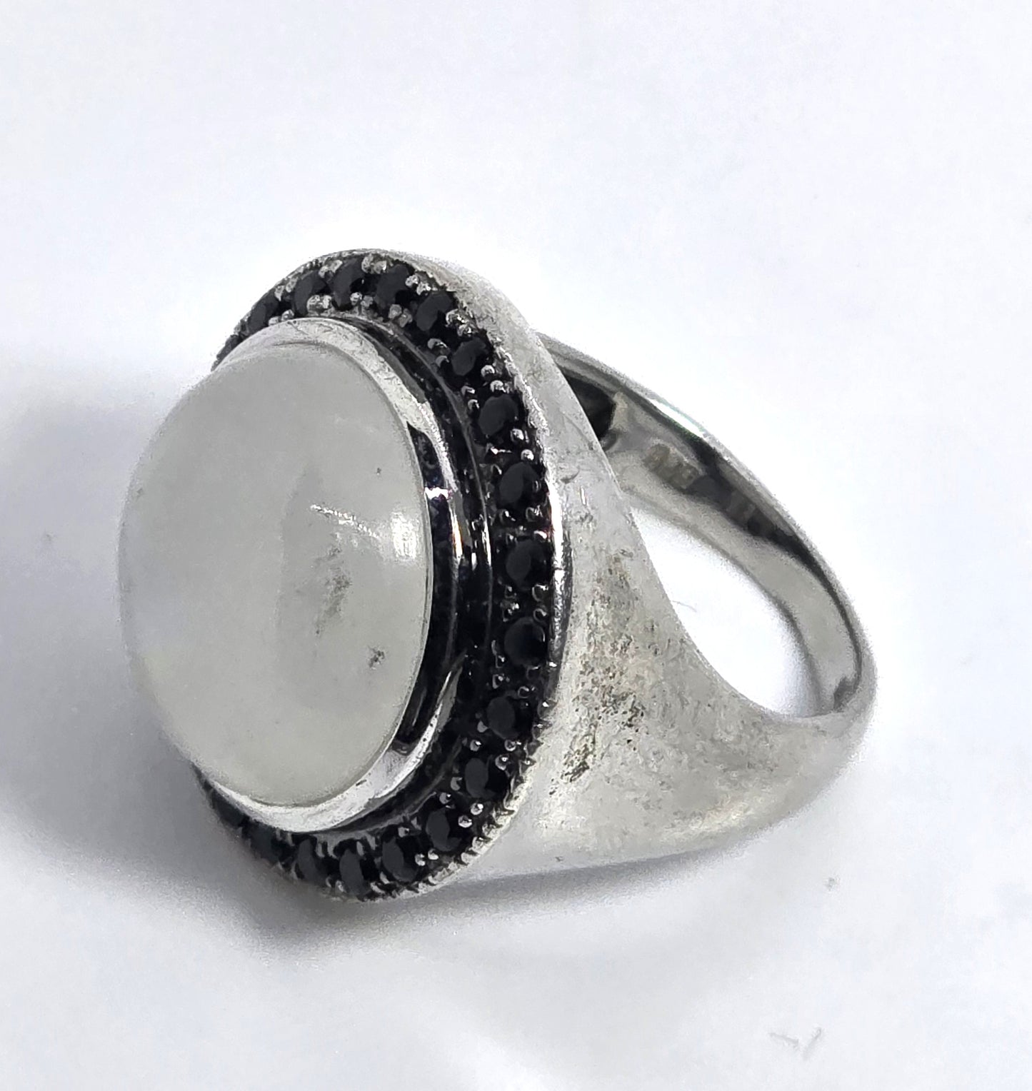 Rainbow flash moonstone black spinel large sterling silver ring size 7