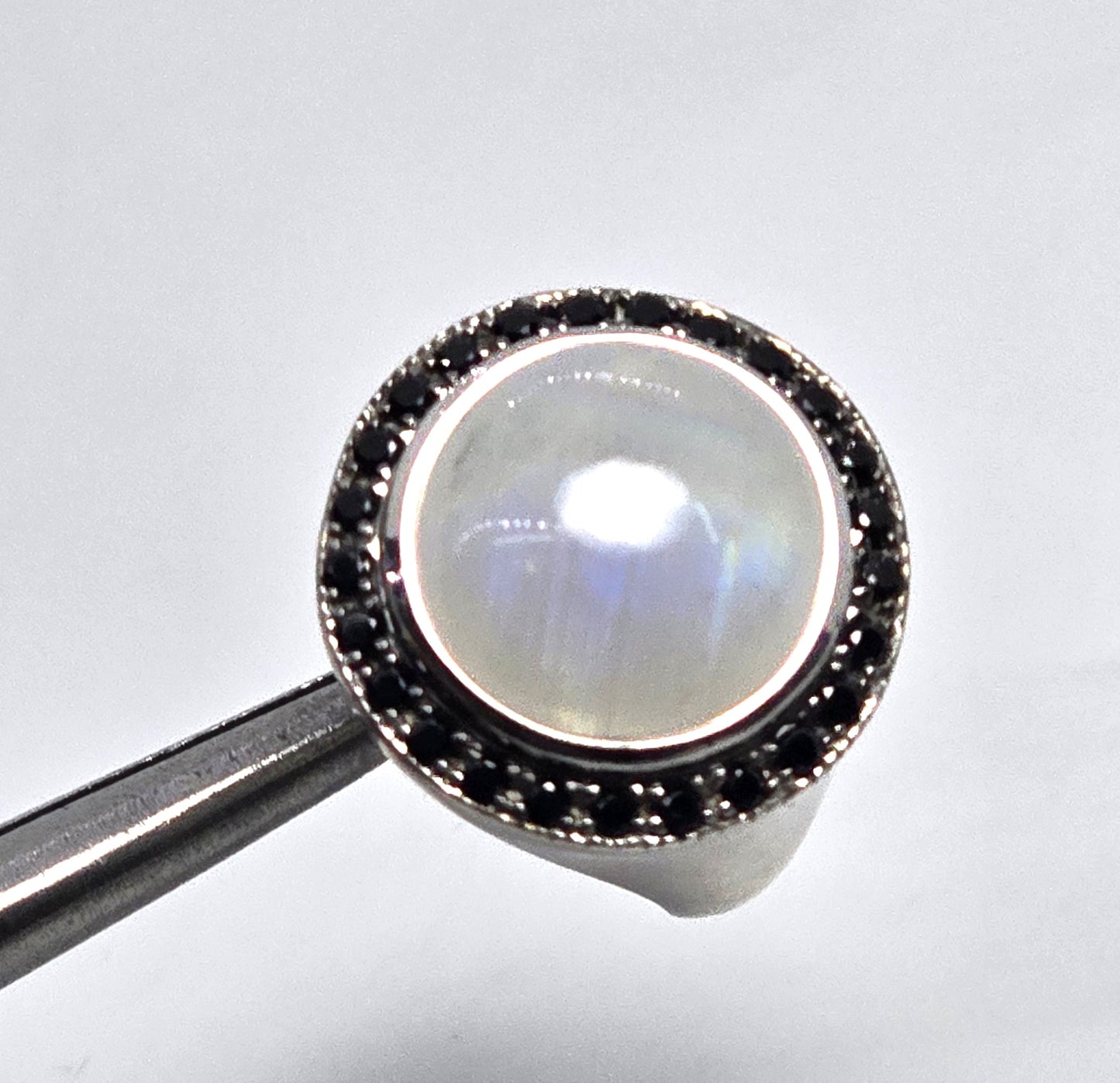 Rainbow flash moonstone black spinel large sterling silver ring size 7