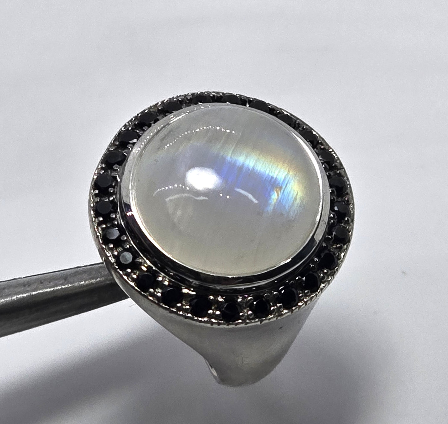 Rainbow flash moonstone black spinel large sterling silver ring size 7