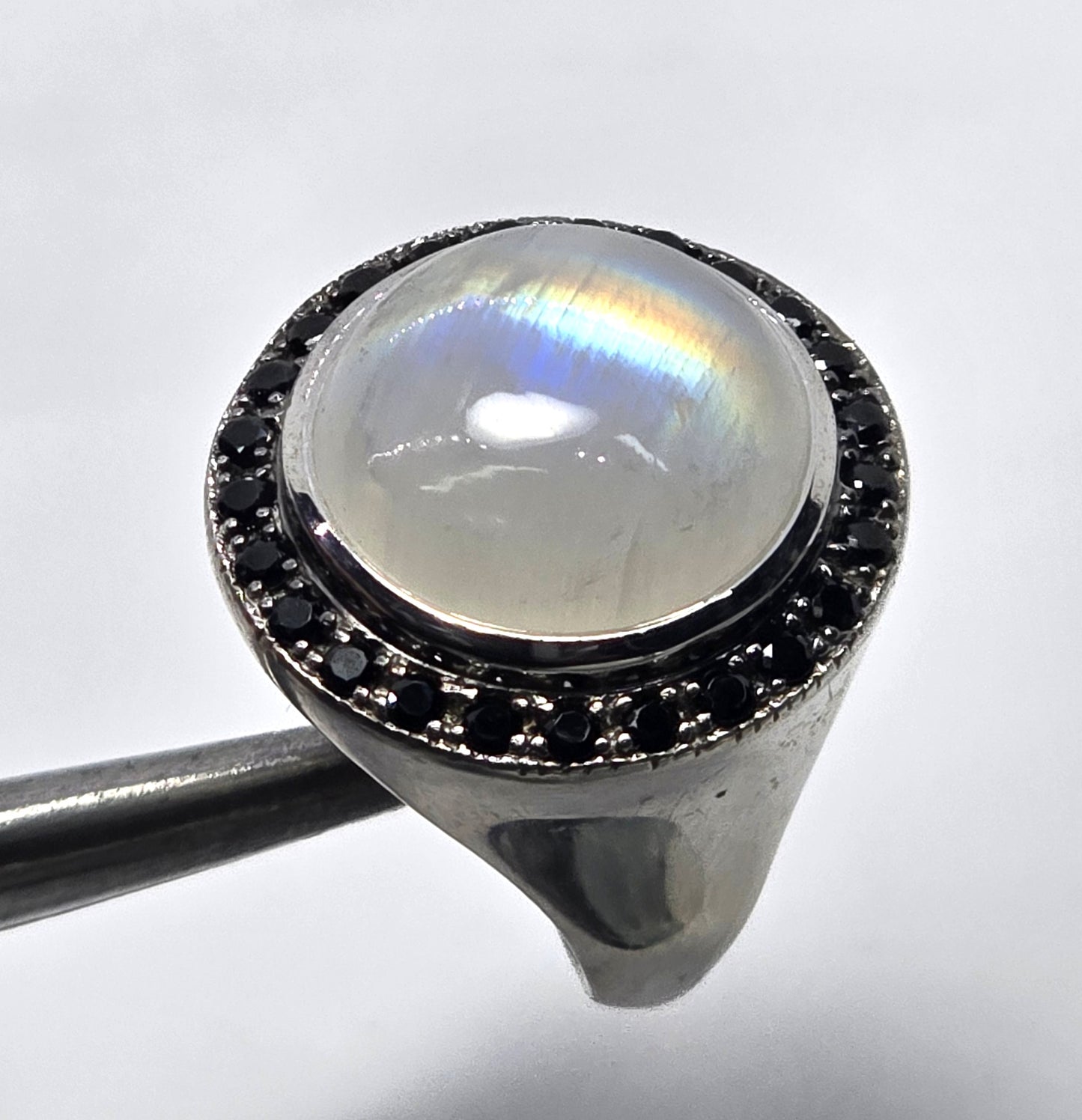 Rainbow flash moonstone black spinel large sterling silver ring size 7