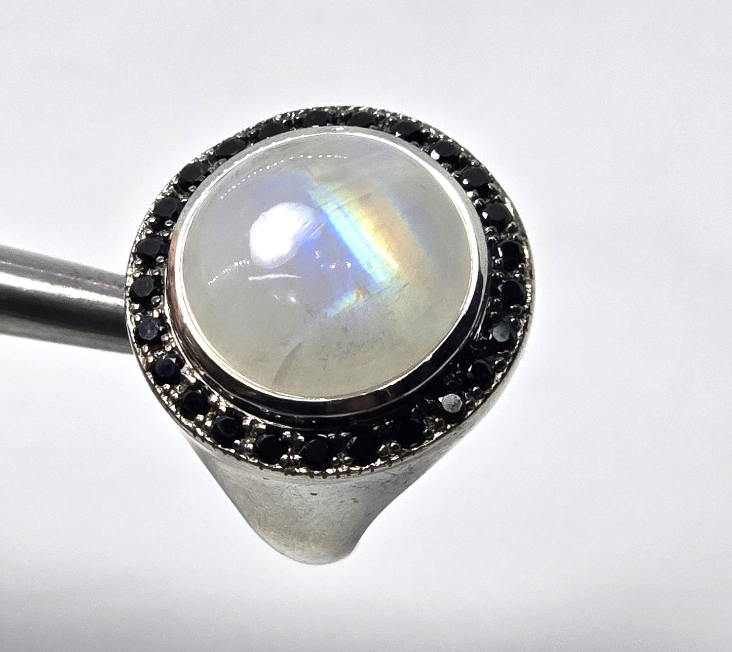 Rainbow flash moonstone black spinel large sterling silver ring size 7