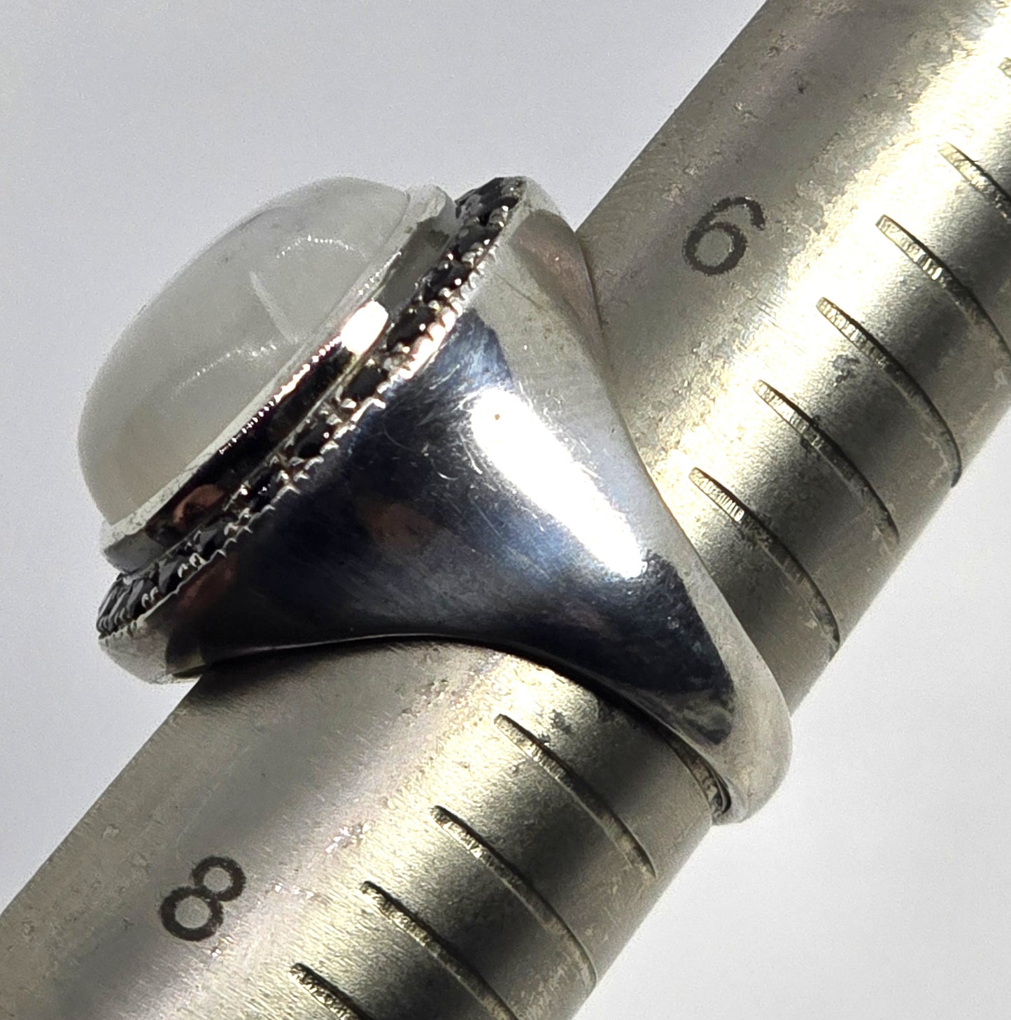 Rainbow flash moonstone black spinel large sterling silver ring size 7