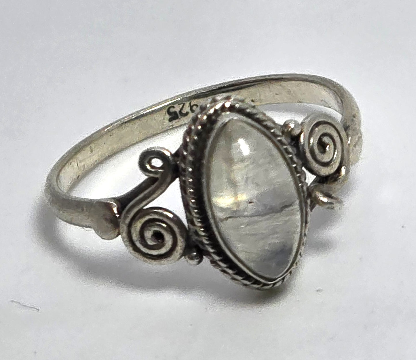 Flashy Blue Moonstone marquis tribal Balinese vintage sterling silver ring size 8