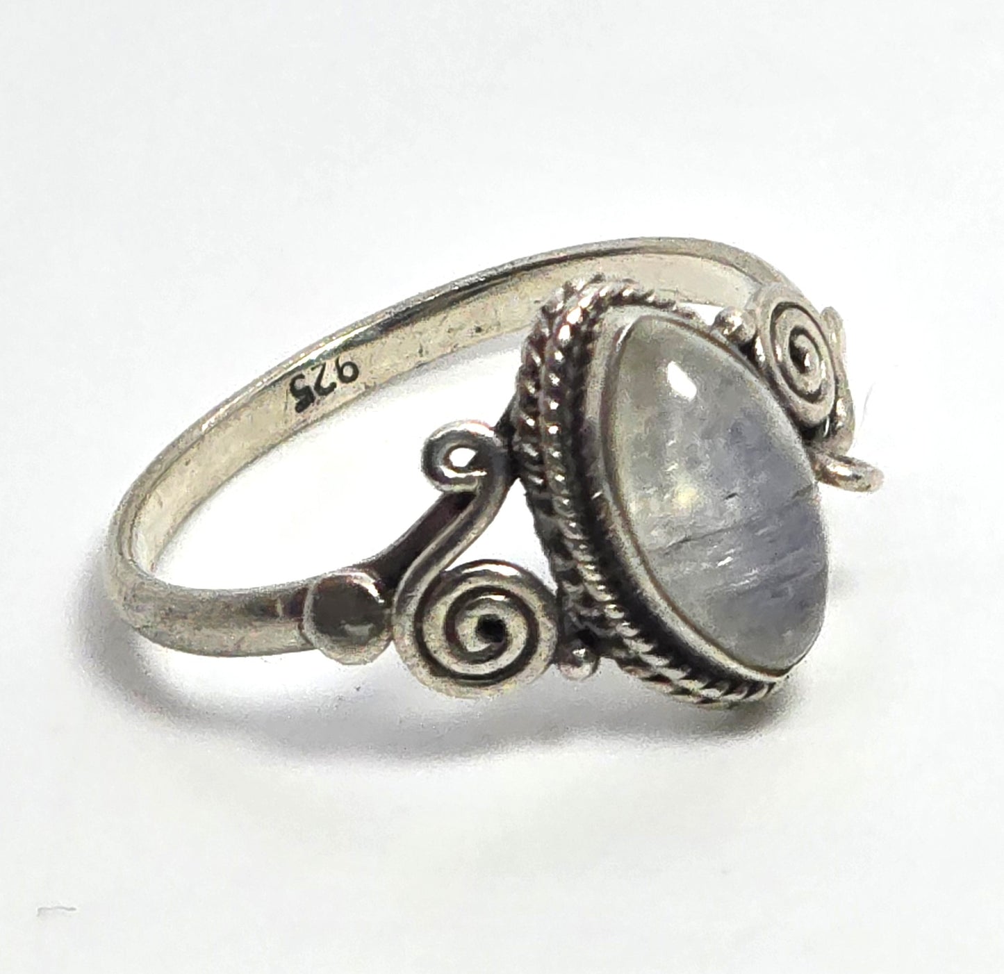 Flashy Blue Moonstone marquis tribal Balinese vintage sterling silver ring size 8