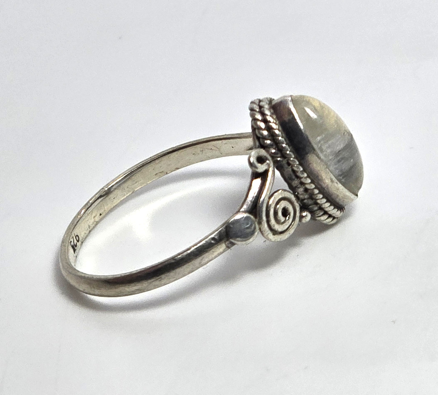 Flashy Blue Moonstone marquis tribal Balinese vintage sterling silver ring size 8