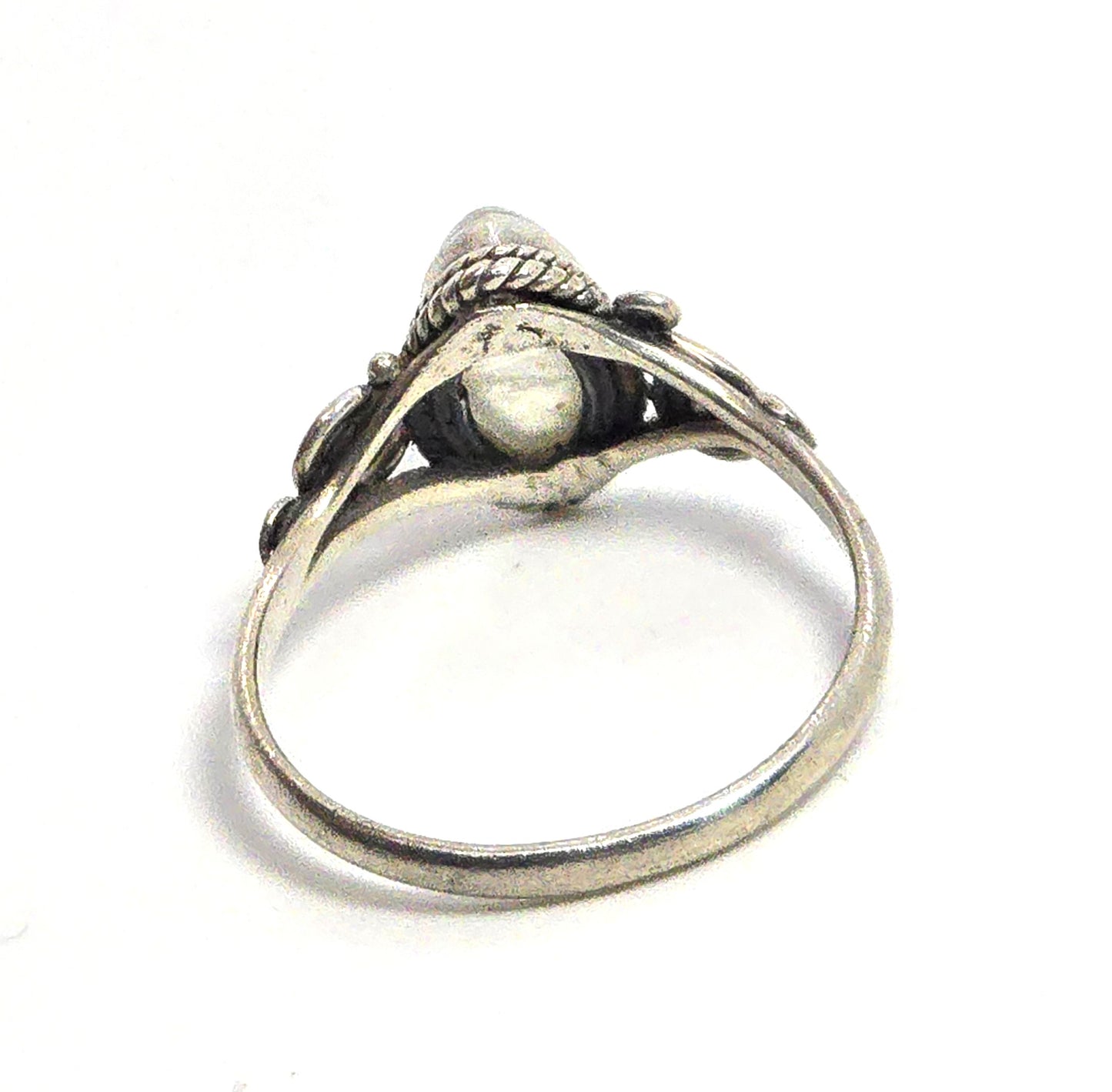 Flashy Blue Moonstone marquis tribal Balinese vintage sterling silver ring size 8