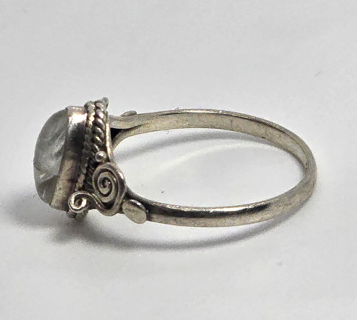 Flashy Blue Moonstone marquis tribal Balinese vintage sterling silver ring size 8