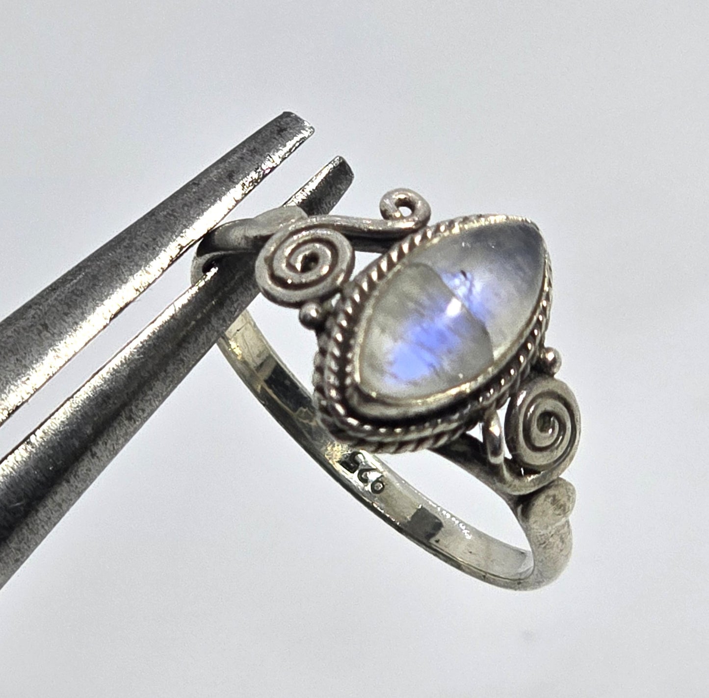 Flashy Blue Moonstone marquis tribal Balinese vintage sterling silver ring size 8