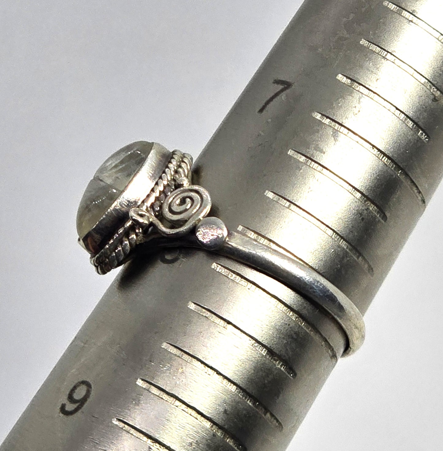 Flashy Blue Moonstone marquis tribal Balinese vintage sterling silver ring size 8