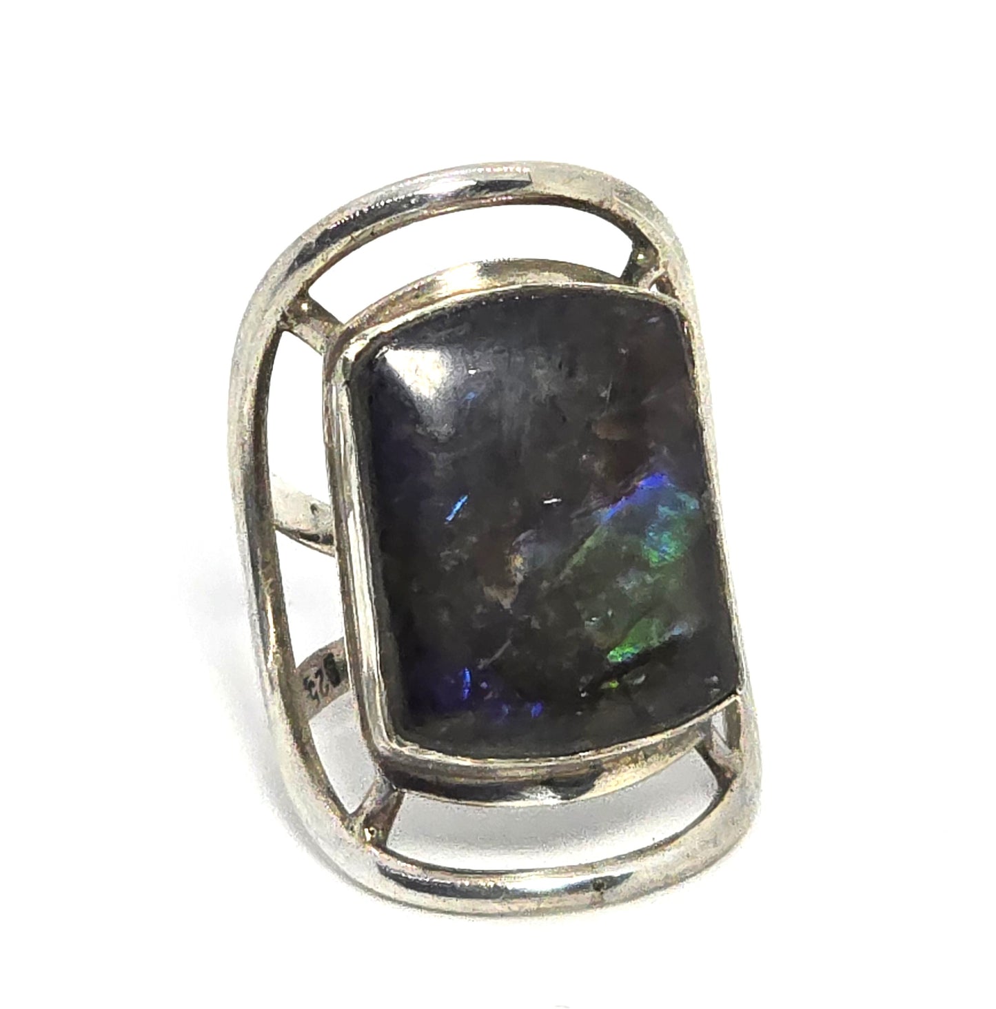 Opalized fossilized ammolite Large flashy sterling silver gemstone ring size 8