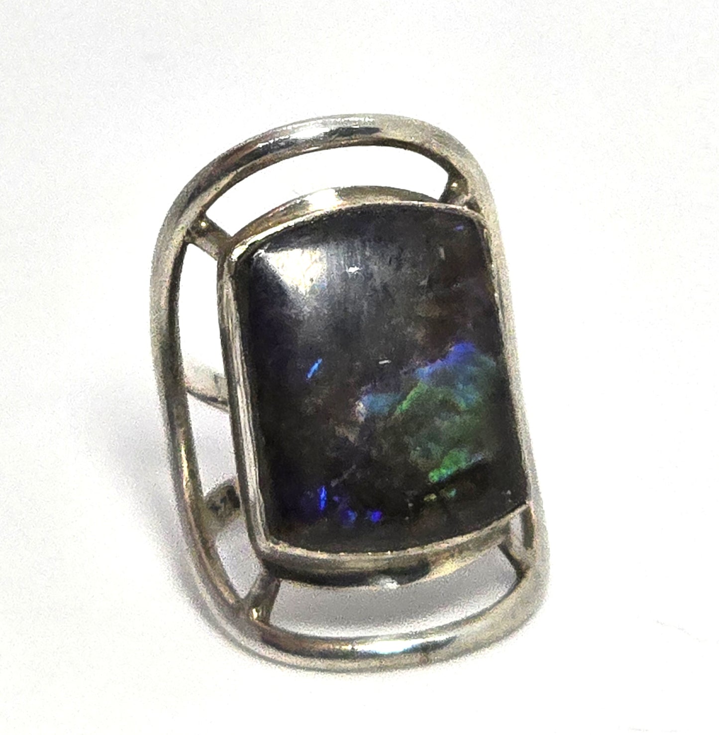 Opalized fossilized ammolite Large flashy sterling silver gemstone ring size 8