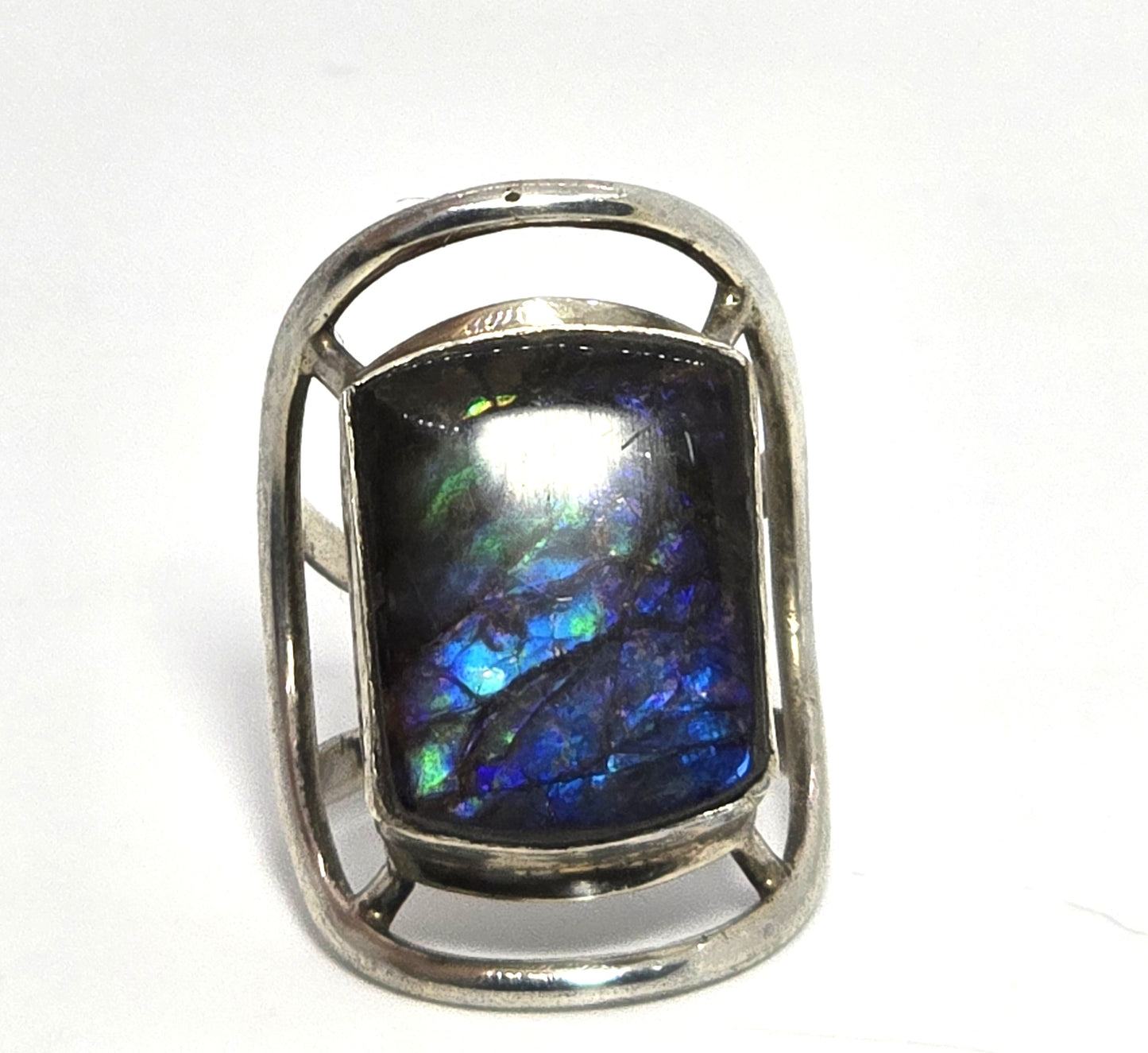 Opalized fossilized ammolite Large flashy sterling silver gemstone ring size 8