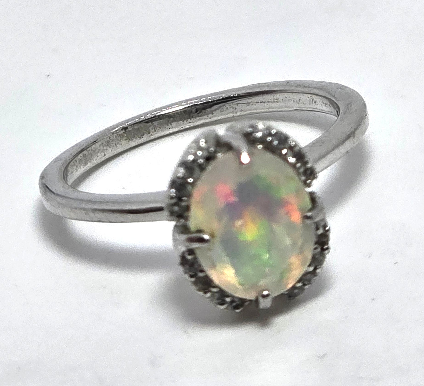 Bright Ethiopian opal white topaz sterling silver ring size 6.75