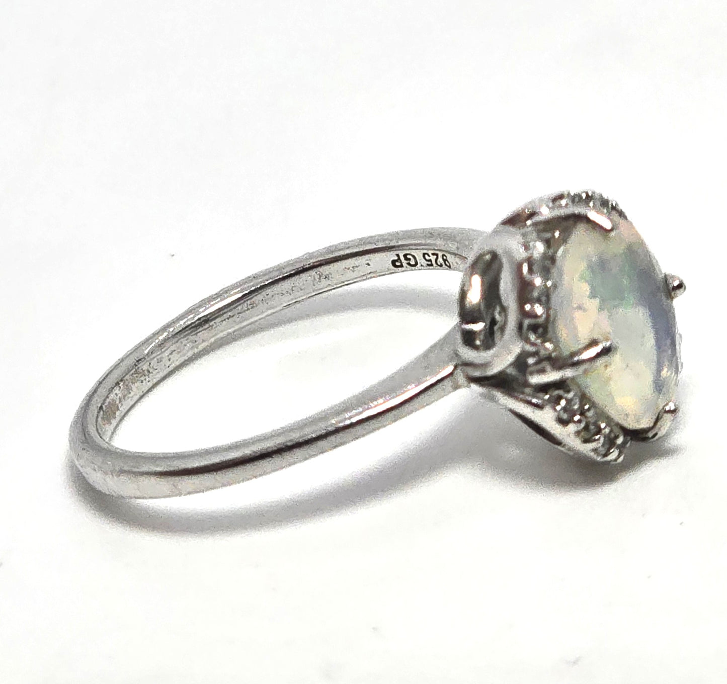 Bright Ethiopian opal white topaz sterling silver ring size 6.75