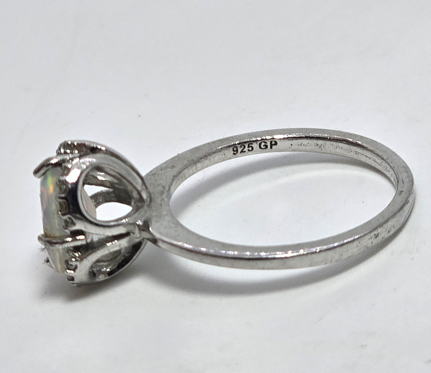Bright Ethiopian opal white topaz sterling silver ring size 6.75