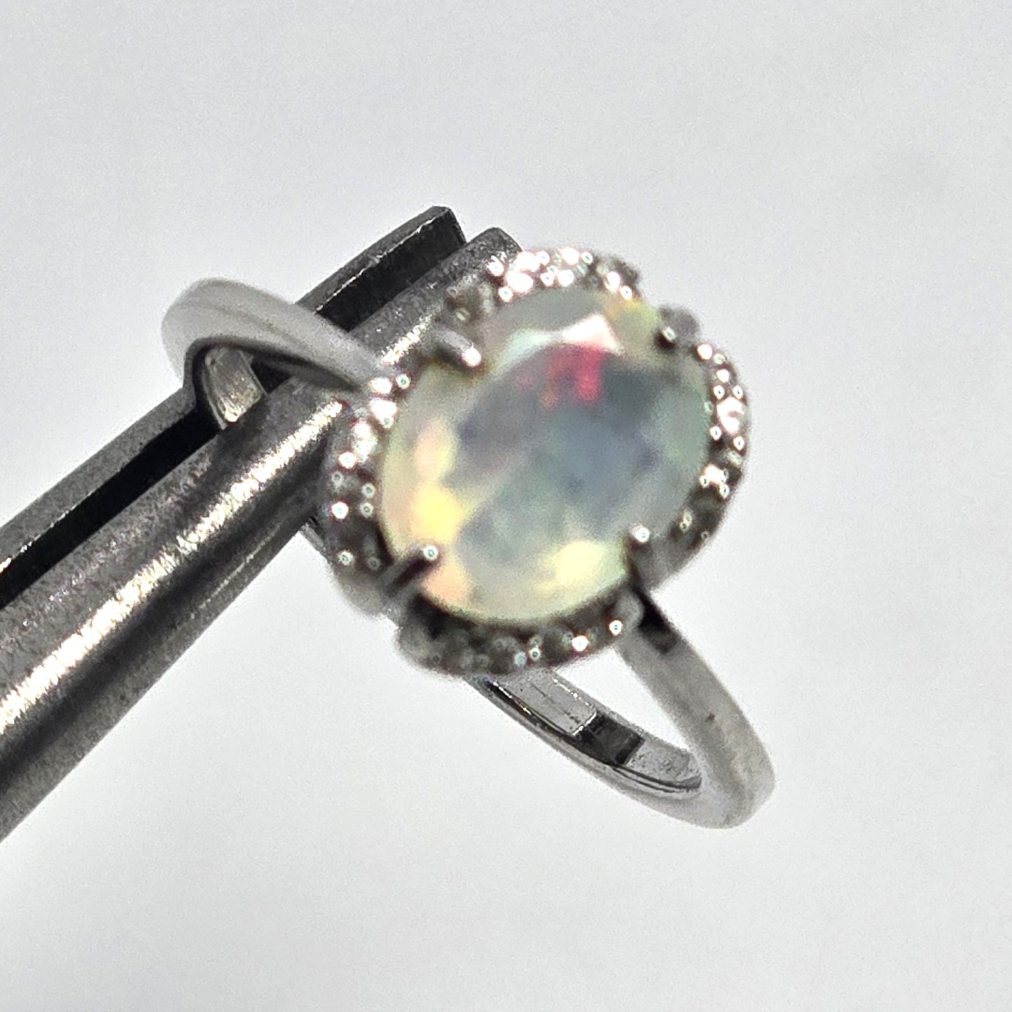 Bright Ethiopian opal white topaz sterling silver ring size 6.75
