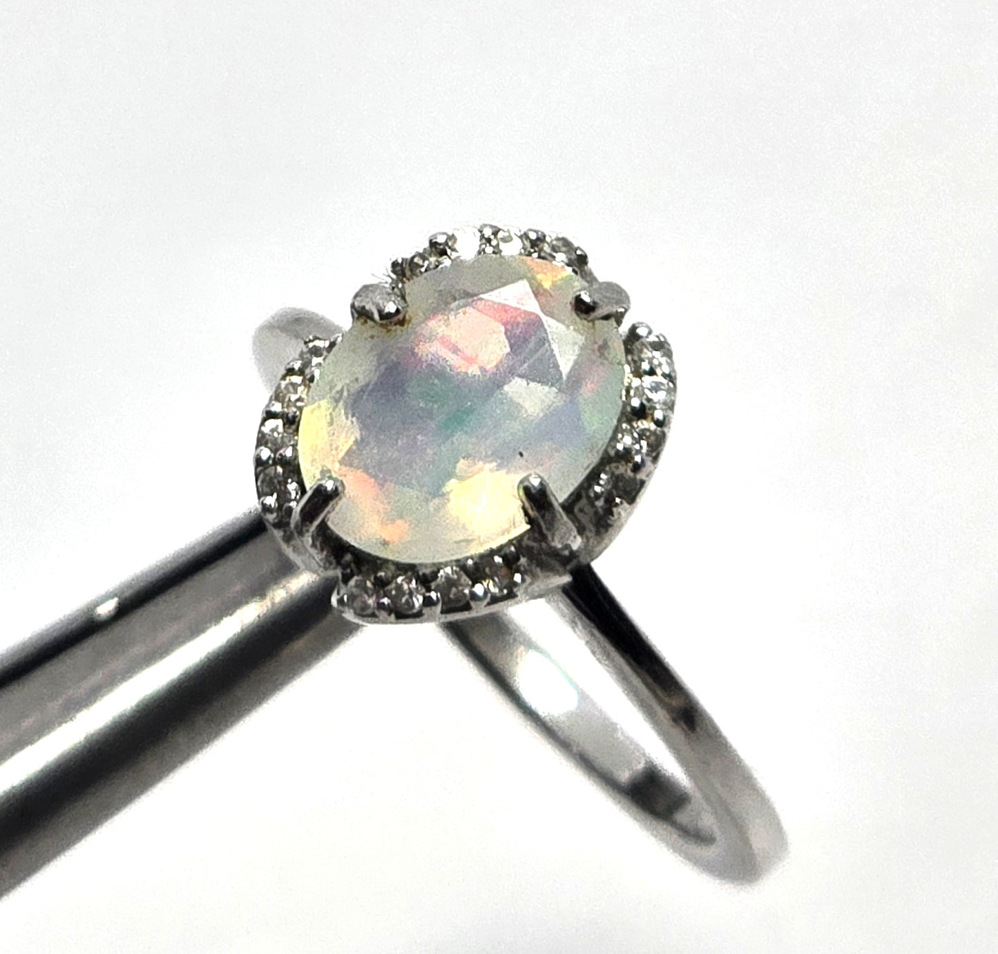 Bright Ethiopian opal white topaz sterling silver ring size 6.75