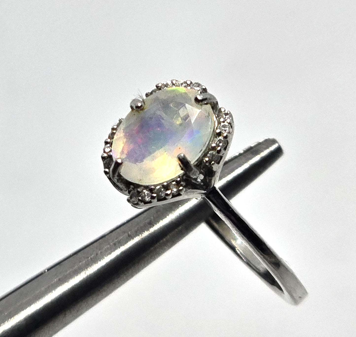 Bright Ethiopian opal white topaz sterling silver ring size 6.75