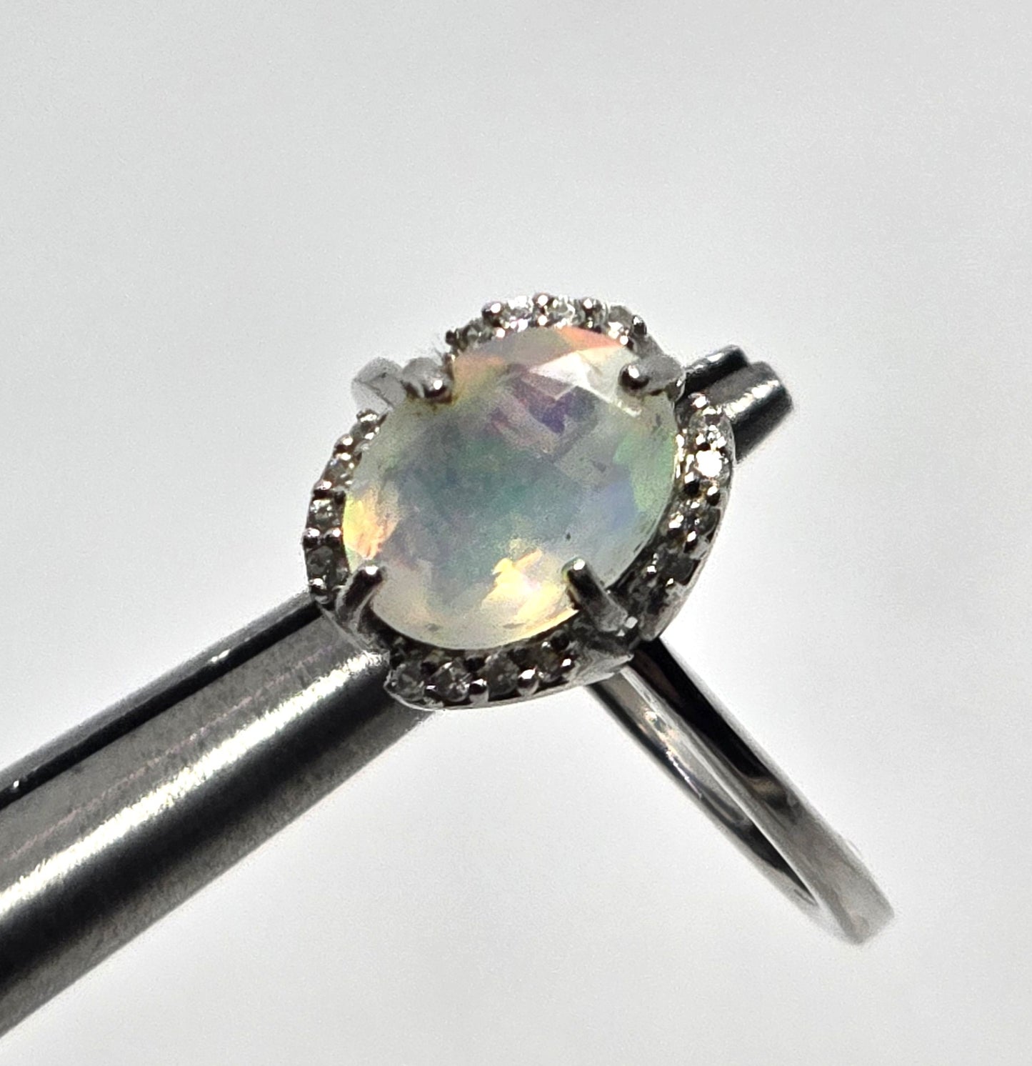 Bright Ethiopian opal white topaz sterling silver ring size 6.75