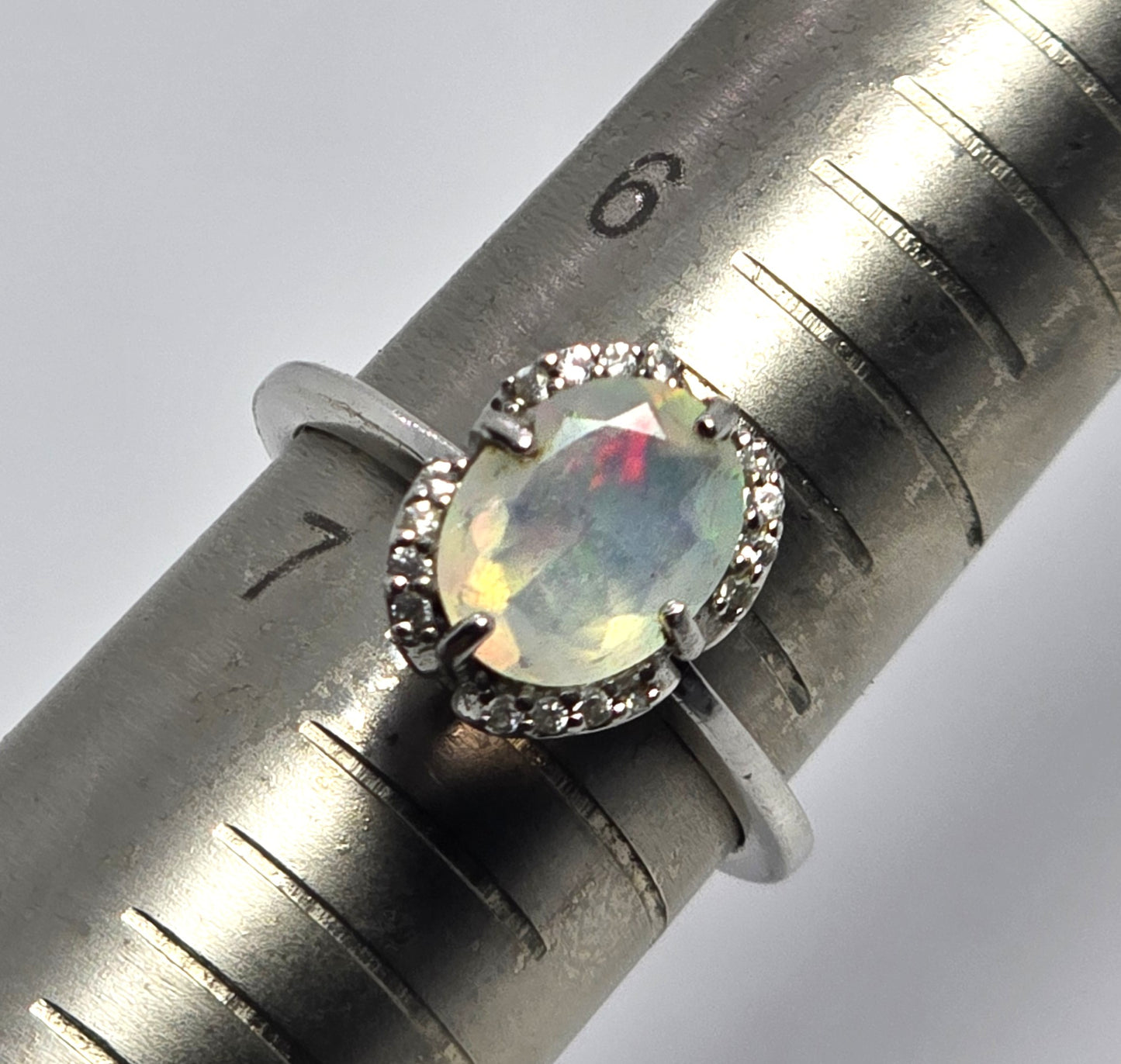 Bright Ethiopian opal white topaz sterling silver ring size 6.75